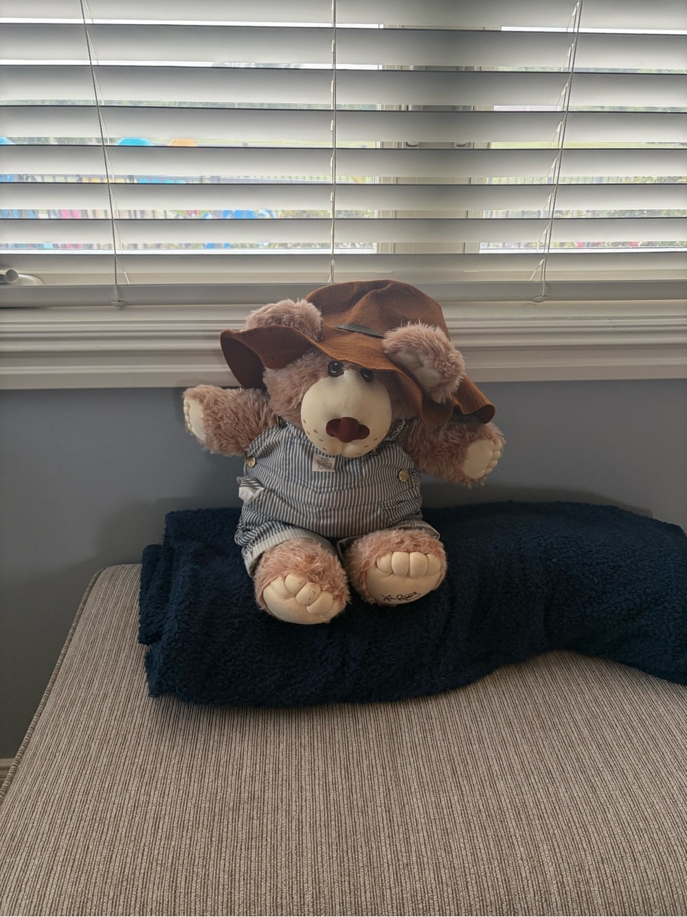 Dudley Brown Plush Bear in Blue-Striped Overalls with Brown Hat